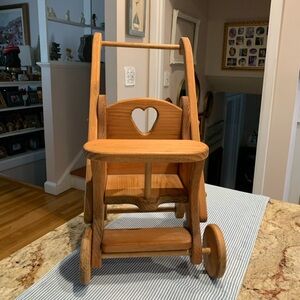 Vintage Wooden Baby Doll Stroller with Heart Design